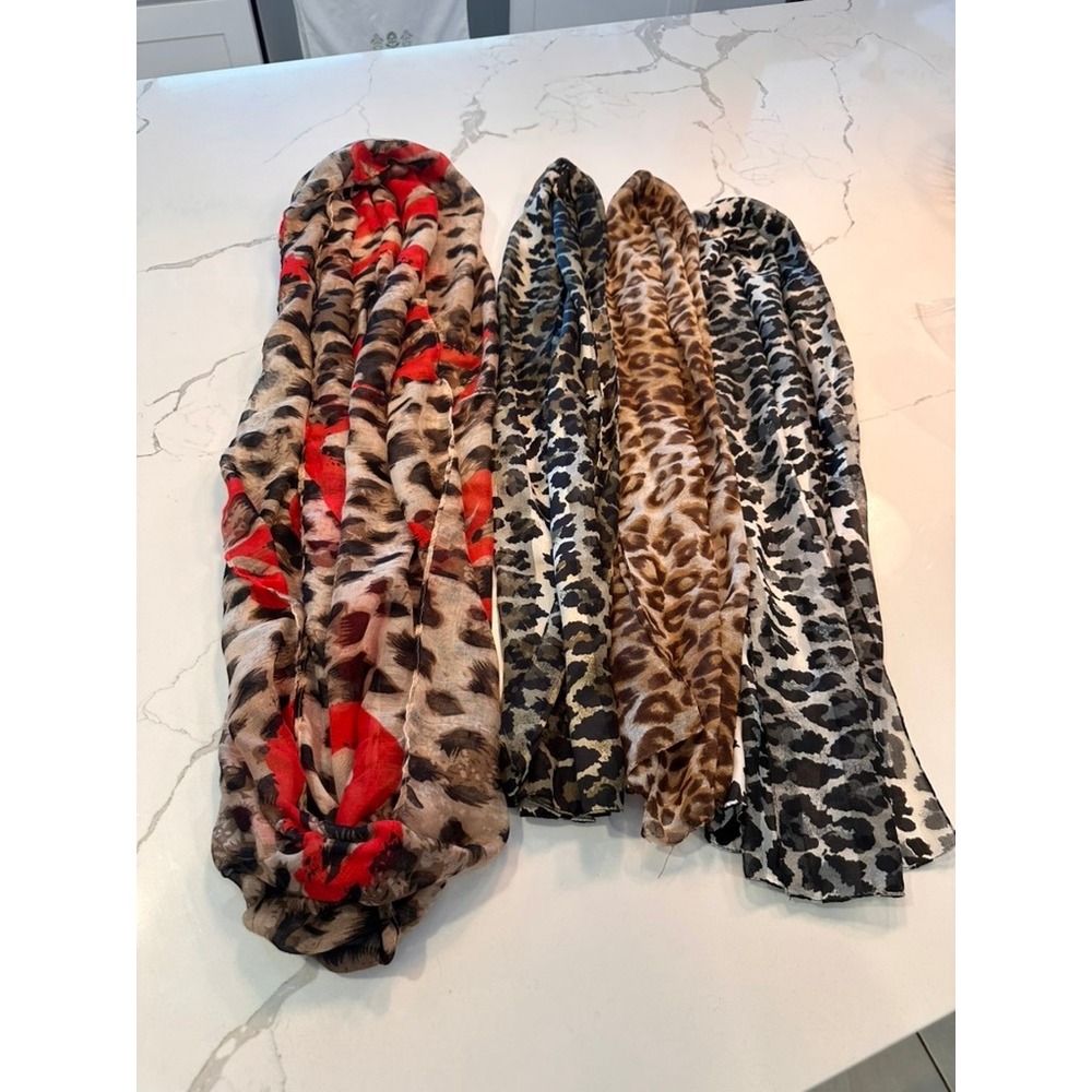 Lot of 4 Womens Leopard Print Scarves Red Floral Infinity Green Grey Tan Animal